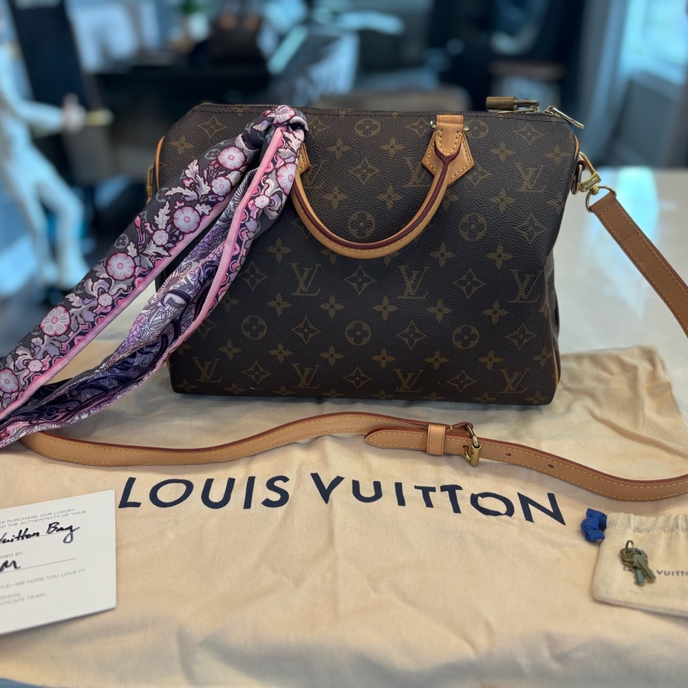 Louis Vuitton Dark Brown Monogram Satchel with Pink Scarf